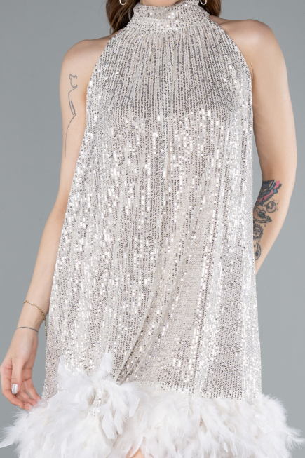 Beige Halter Neck Feathered Skirt Sequined Party Dress ABU4876