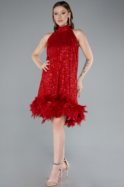 Red Halter Neck Feathered Skirt Sequined Party Dress ABU4876
