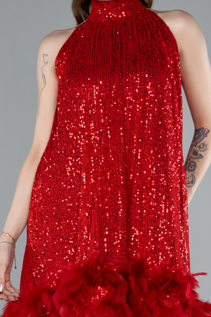 Red Halter Neck Feathered Skirt Sequined Party Dress ABU4876