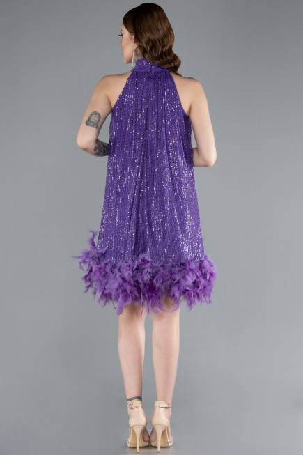 Purple Halter Neck Feathered Skirt Sequined Party Dress ABU4876
