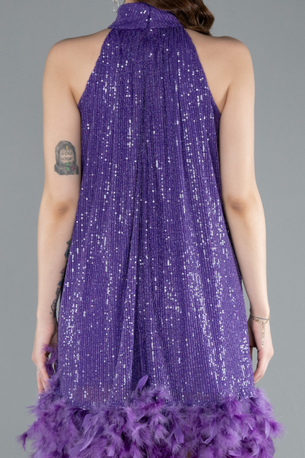 Purple Halter Neck Feathered Skirt Sequined Party Dress ABU4876