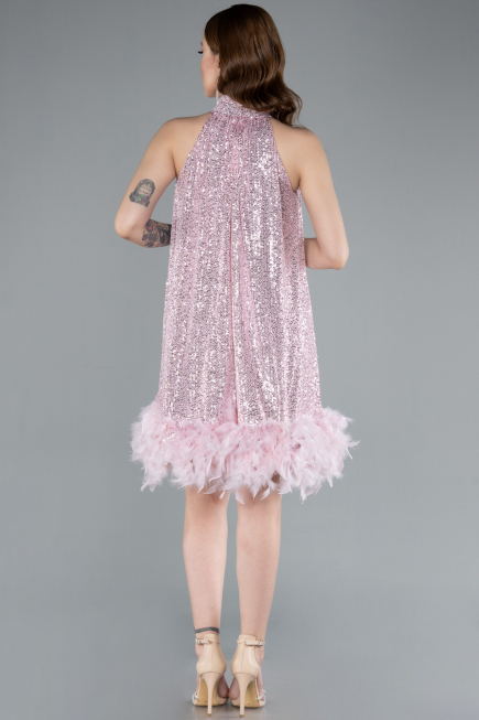 Powder Color Halter Neck Feathered Skirt Sequined Party Dress ABU4876