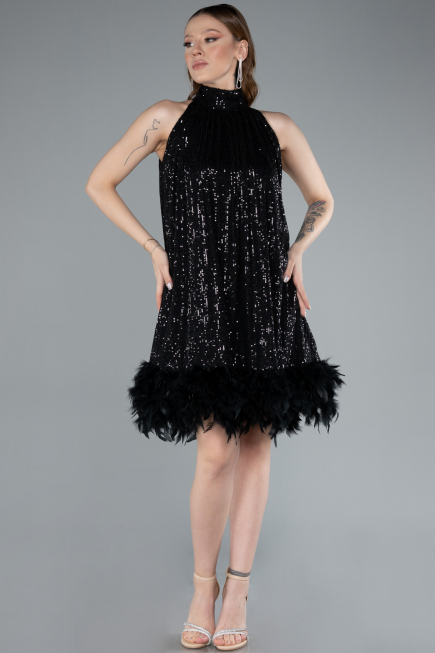 Black Halter Neck Feathered Skirt Sequined Party Dress ABU4876