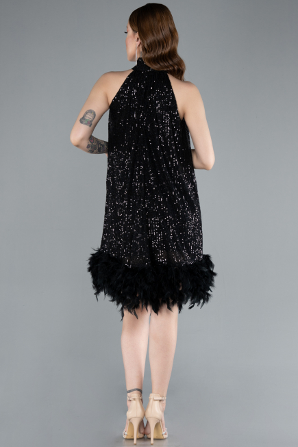 Black Halter Neck Feathered Skirt Sequined Party Dress ABU4876