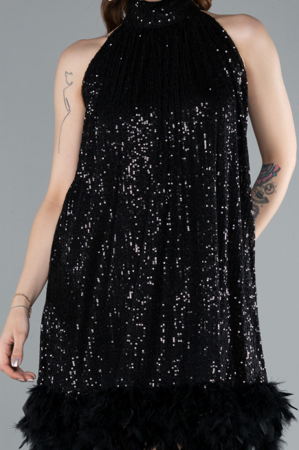 Black Halter Neck Feathered Skirt Sequined Party Dress ABU4876