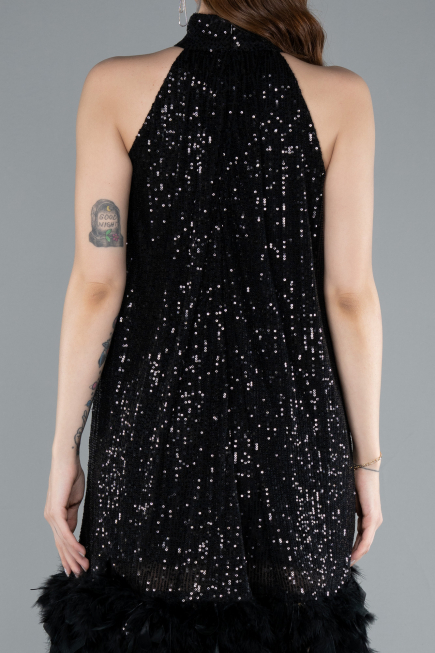 Black Halter Neck Feathered Skirt Sequined Party Dress ABU4876