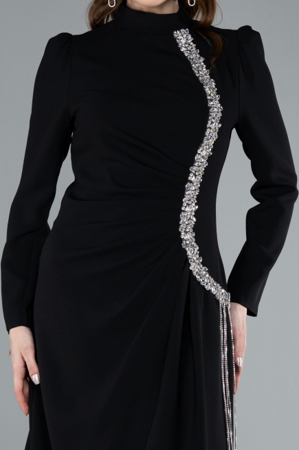 Black Long Sleeve Stand Collar Hijab Evening Dress ABU4877