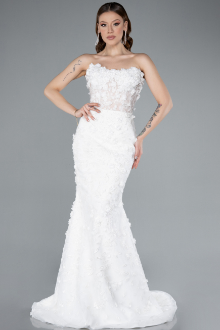 White 3D Floral Strapless Tail Long Wedding Dress ABU4864