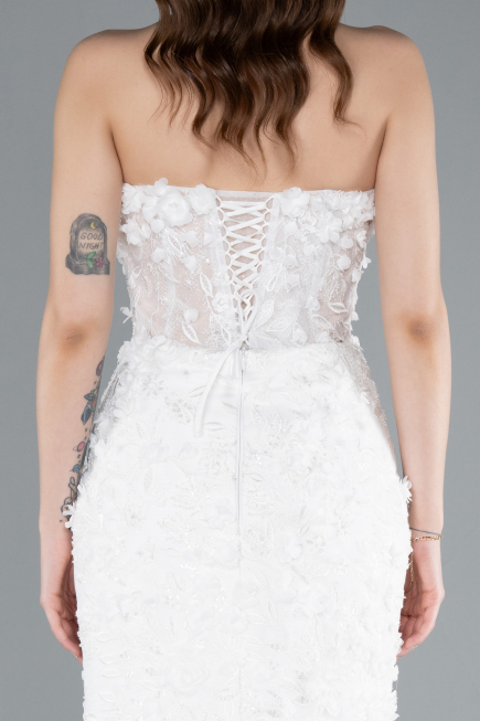White 3D Floral Strapless Tail Long Plus Size Wedding Dress ABU4865