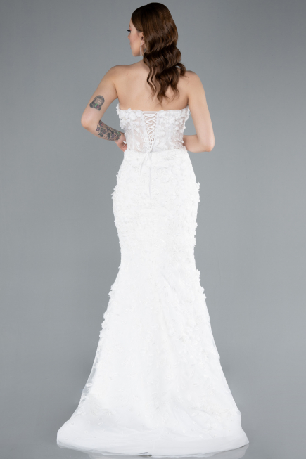 White 3D Floral Strapless Tail Long Wedding Dress ABU4864