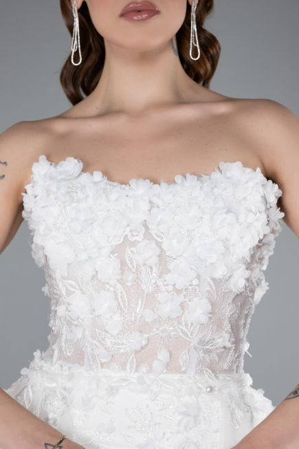 White 3D Floral Strapless Tail Long Wedding Dress ABU4864
