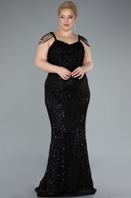Black Long Beaded Plus Size Evening Gown ABU4890