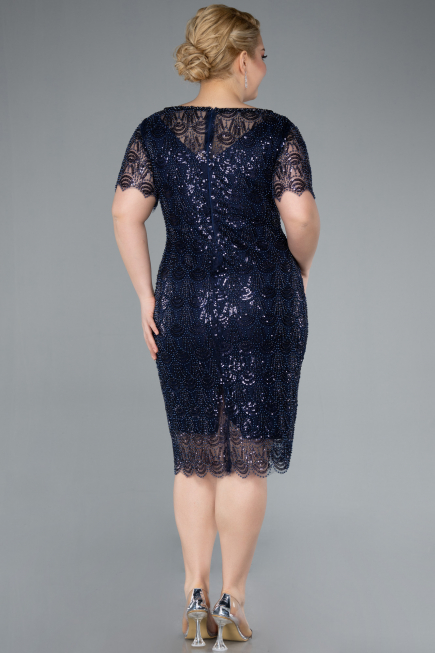 Navy Blue Short Sleeve Beaded Midi Evening Gown ABK2330