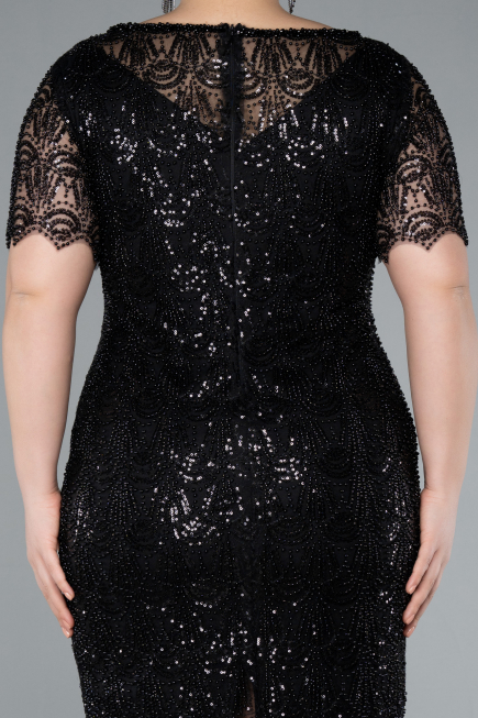 Black Short Sleeve Beaded Midi Evening Gown ABK2330