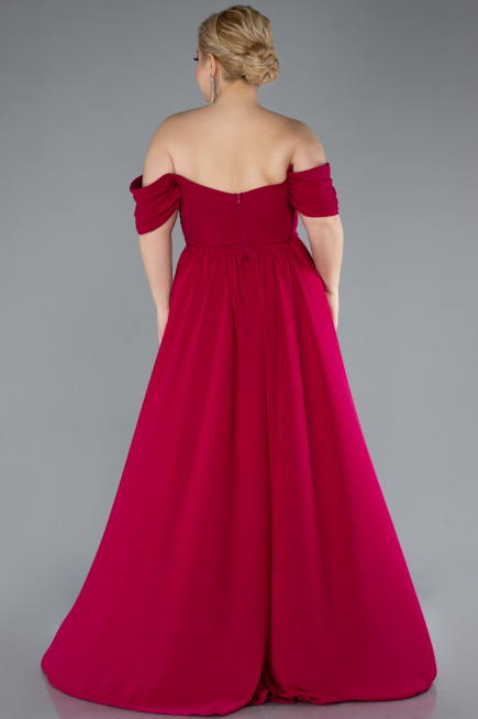 Koyu Fuşya Boat Neck Long Chiffon Plus Size Prom Dress ABU3738