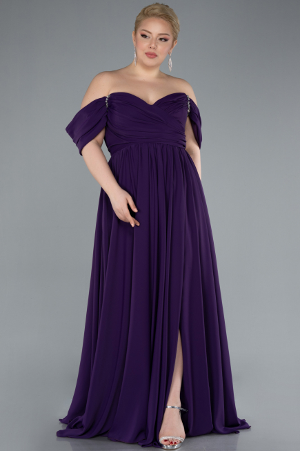 Dark Purple Boat Neck Long Chiffon Plus Size Prom Dress ABU3738