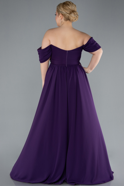 Dark Purple Boat Neck Long Chiffon Plus Size Prom Dress ABU3738