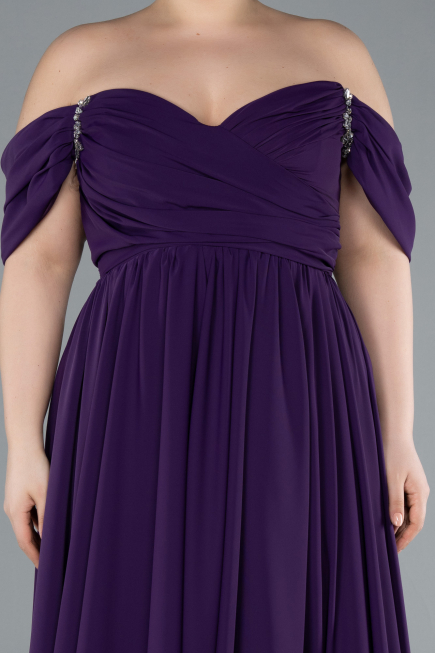 Dark Purple Boat Neck Long Chiffon Plus Size Prom Dress ABU3738