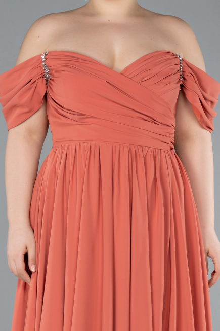 Peach Boat Neck Long Chiffon Plus Size Prom Dress ABU3738