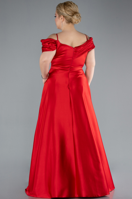 Red Satin Off Shoulder Long Satin Plus Size Evening Gown ABU4869
