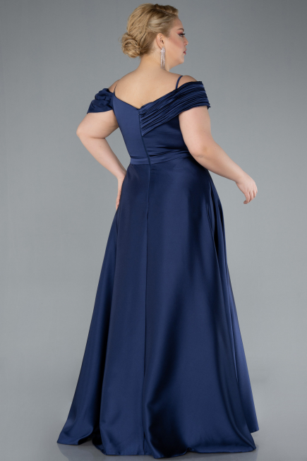 Navy Blue Satin Off Shoulder Long Satin Plus Size Evening Gown ABU4869