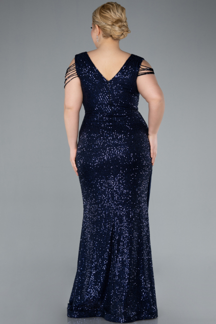 Navy Blue V Neck Long Sequined Slit Plus Size Evening Dress ABU4886