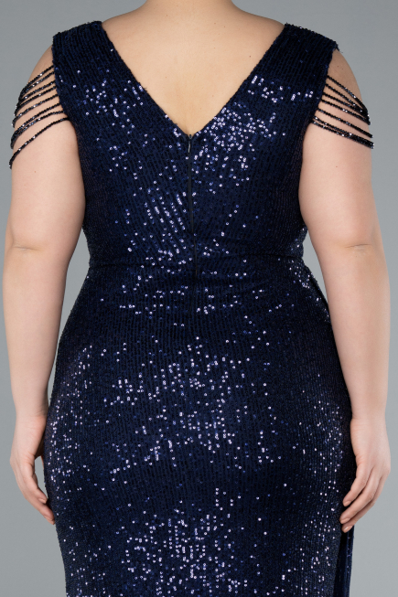 Navy Blue V Neck Long Sequined Slit Plus Size Evening Dress ABU4886