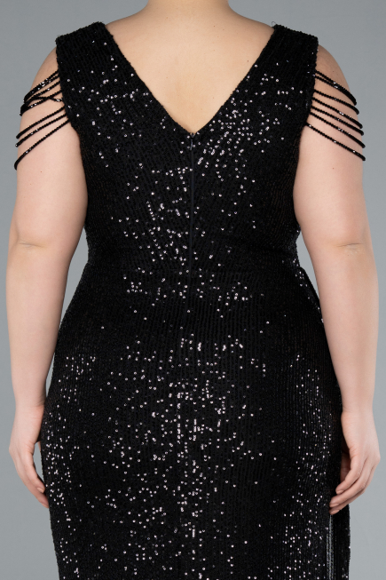 Black V Neck Long Sequined Slit Plus Size Evening Dress ABU4886