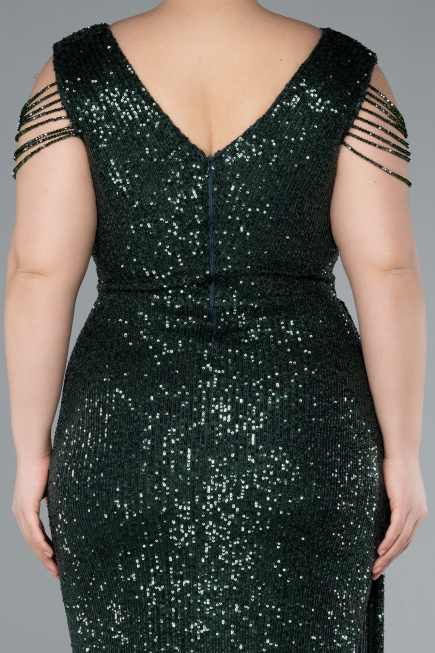 Emerald Green V Neck Long Sequined Slit Plus Size Evening Dress ABU4886