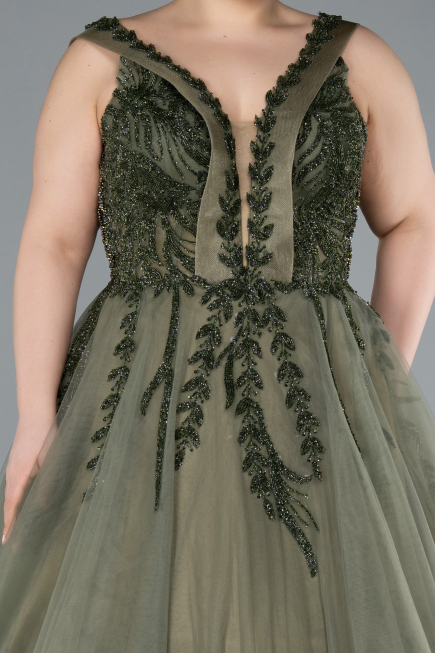 Olive Drab Sleeveless Stoned Long Plus Size Haute Couture Dress ABU4456