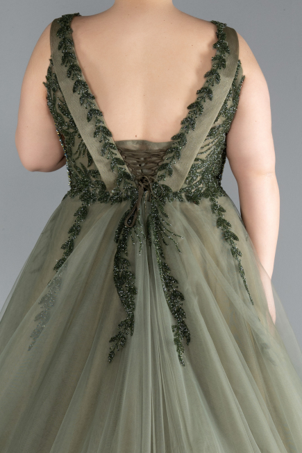 Olive Drab Sleeveless Stoned Long Plus Size Haute Couture Dress ABU4456
