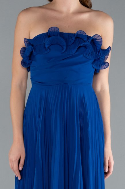 Sax Blue Strapless Long Chiffon Prom Gown ABU4866