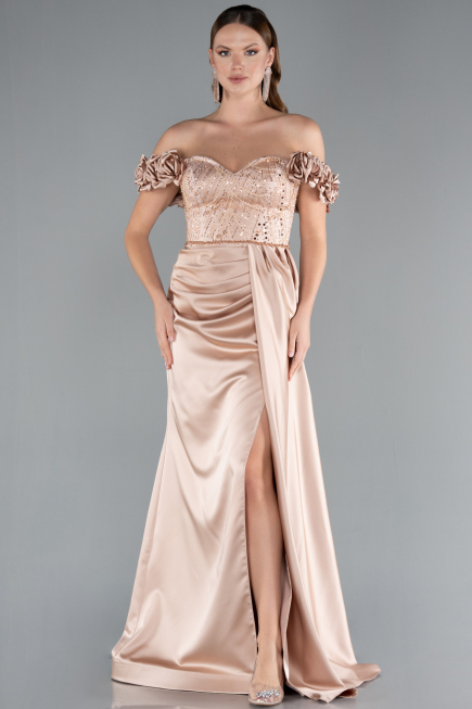 Long Beige Satin Evening Dress ABU4895