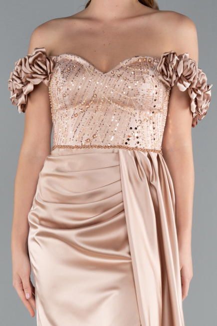 Long Beige Satin Evening Dress ABU4895