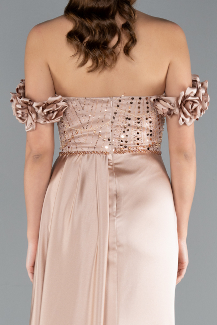 Long Beige Satin Evening Dress ABU4895