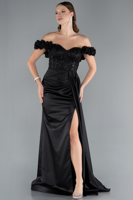 Long Black Satin Evening Dress ABU4895