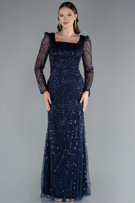 Navy Blue Long Sleeve Square Neckline Beaded Portable Tails Evening Gown ABU4603