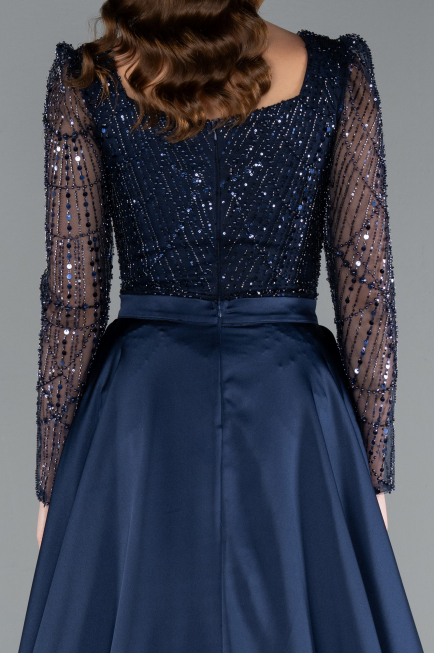 Navy Blue Long Sleeve Square Neckline Beaded Portable Tails Evening Gown ABU4603