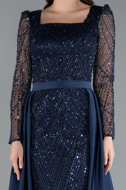 Navy Blue Long Sleeve Square Neckline Beaded Portable Tails Evening Gown ABU4603