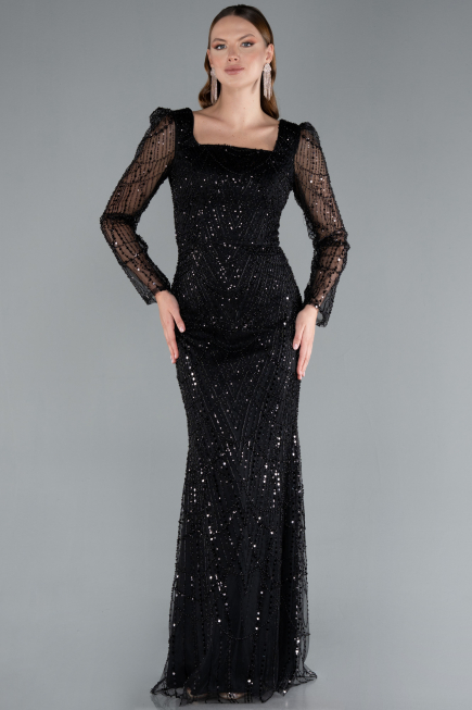 Black Long Sleeve Square Neckline Beaded Portable Tails Evening Gown ABU4603