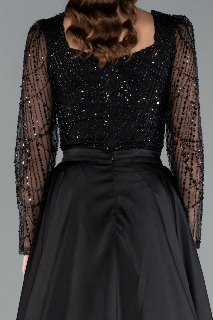 Black Long Sleeve Square Neckline Beaded Portable Tails Evening Gown ABU4603