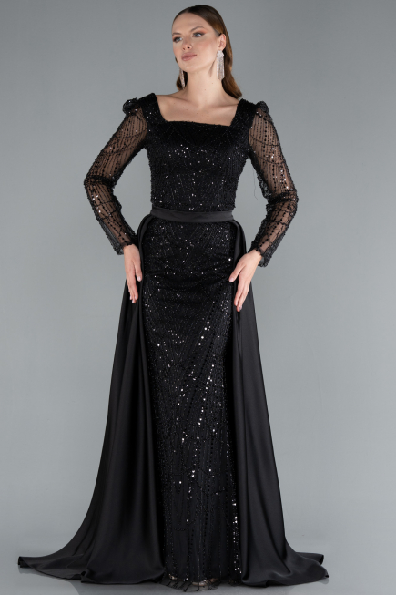 Black Long Sleeve Square Neckline Beaded Portable Tails Evening Gown ABU4603