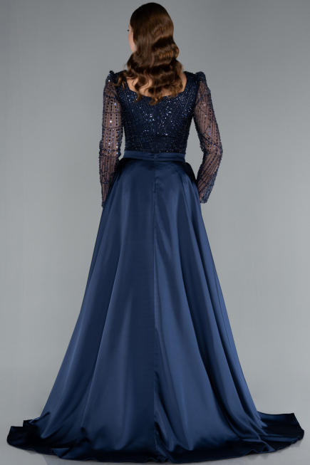 Navy Blue Long Sleeve Square Neckline Beaded Portable Tails Evening Gown ABU4603