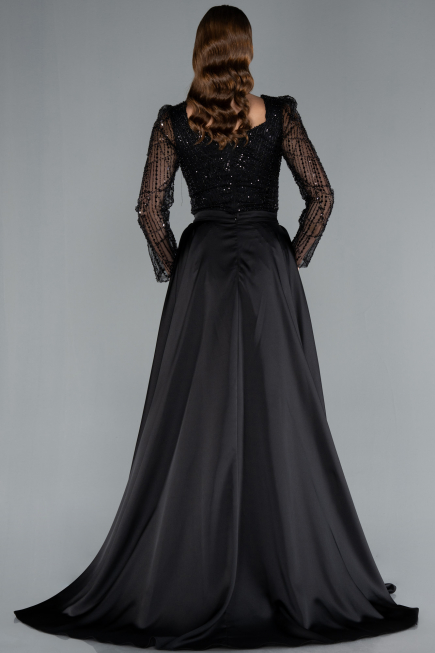 Black Long Sleeve Square Neckline Beaded Portable Tails Evening Gown ABU4603