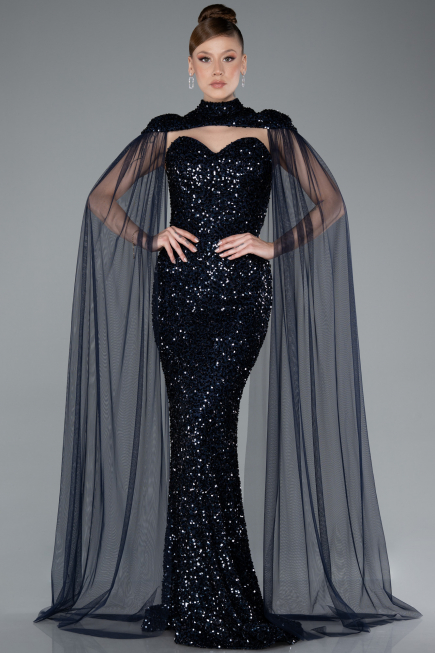 Long Navy Blue Scaly Evening Dress ABU4910