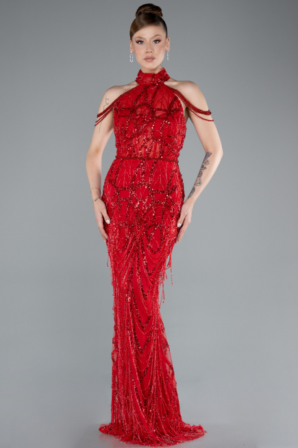 Long Red Beaded Evening Dress ABU4912