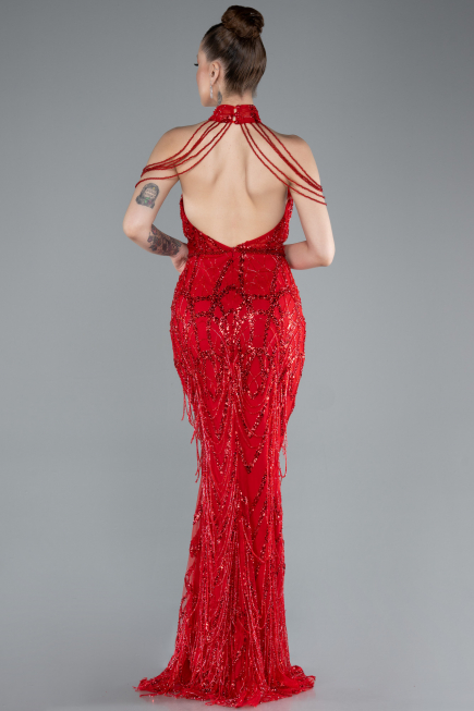 Long Red Beaded Evening Dress ABU4912