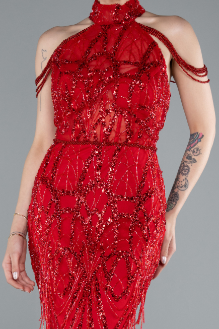 Long Red Beaded Evening Dress ABU4912