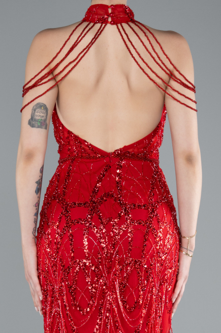Long Red Beaded Evening Dress ABU4912