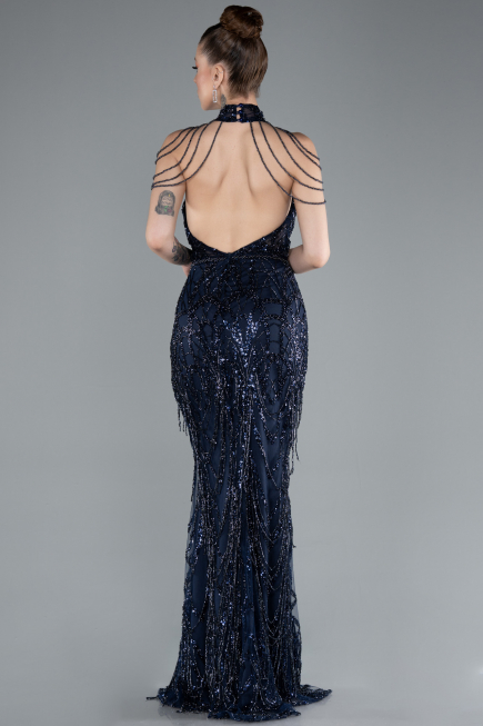 Long Navy Blue Beaded Evening Dress ABU4912